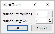 Insert Table dialog box in PowerPoint 365