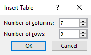 Insert Table dialog box in PowerPoint 2016