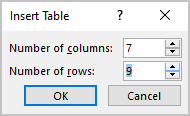 Insert Table dialog box in PowerPoint 365