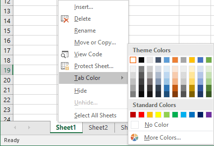 spreadsheet tabs Color in Excel 2016