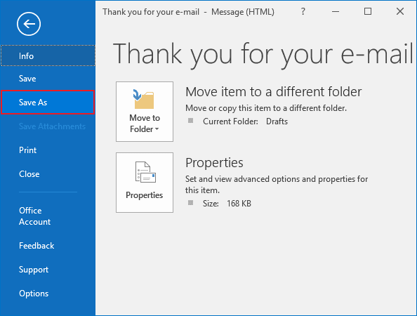 Save As in Outlook 2016