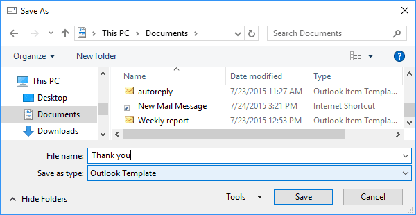 Save template in Outlook 2016