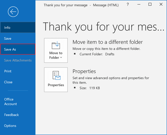 Save As in Outlook 365