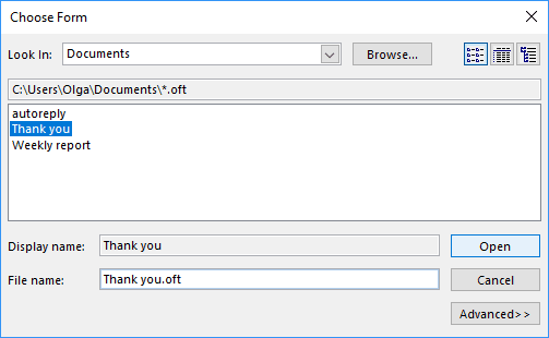 Choode tempale name in Choose Form Outlook 2016