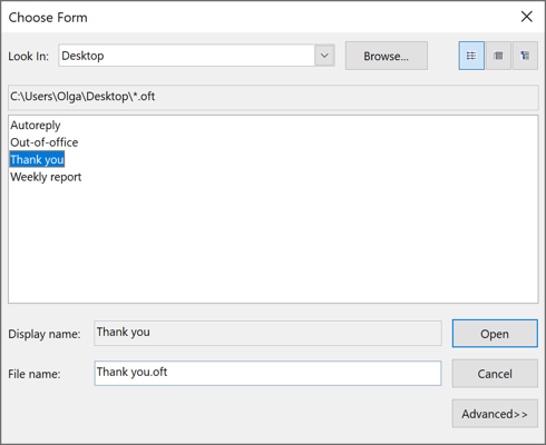 Choode tempale name in Choose Form Outlook 365