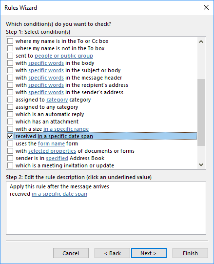 Rules Wizard Step 2 in Outlook 2016 Rules Wizard Step 2 in Outlook 2016