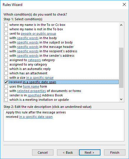 Rules Wizard Step 2 in Outlook 2016