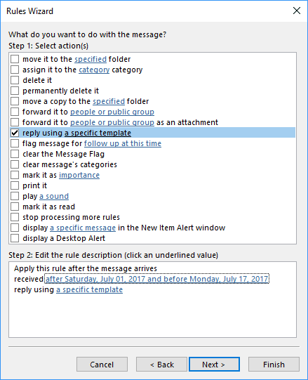 Rules Wizard Step 3 in Outlook 2016