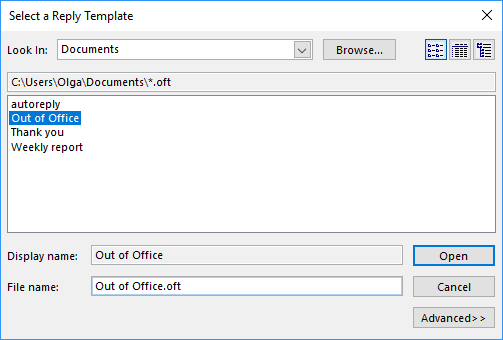 Select a Reply Template name in Outlook 2016