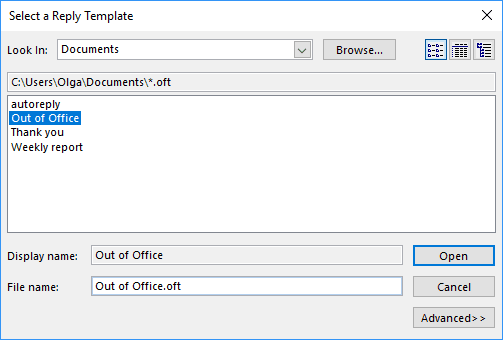 Select a Reply Template name in Outlook 2016 Select a Reply Template name in Outlook 2016