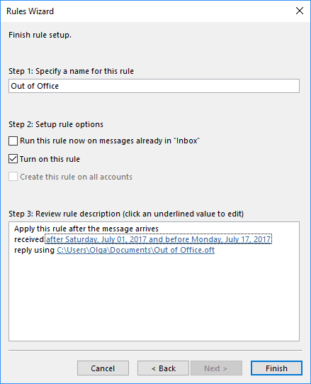 Rules Wizard finish Step in Outlook 2016 Rules Wizard finish Step in Outlook 2016