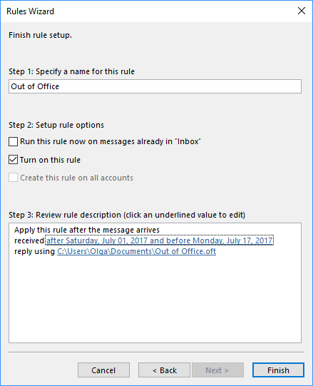 Rules Wizard finish Step in Outlook 2016