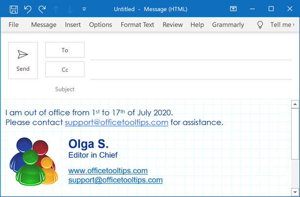 Out of Office message in Outlook 365