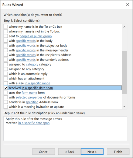 Rules Wizard Step 2 in Outlook 365
