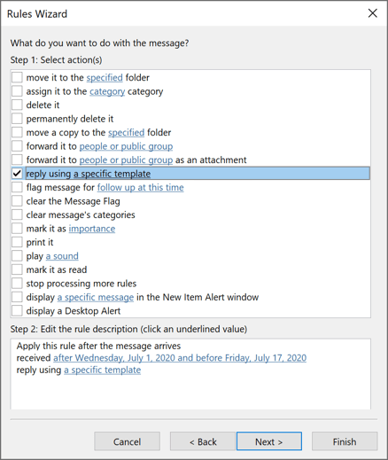 Rules Wizard Step 3 in Outlook 365