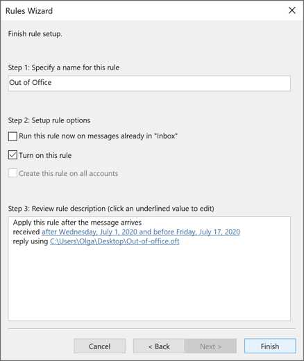 Rules Wizard finish Step in Outlook 365