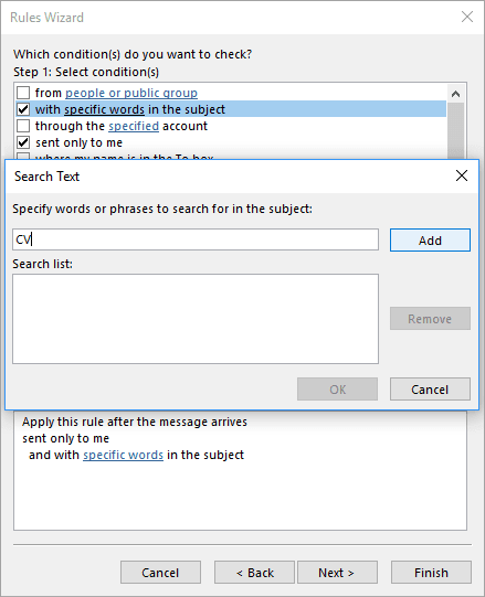 Search Text Rules Wizard Step 1 in Outlook 2016