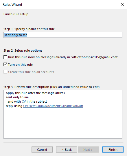 Rules Wizard finish Step in Outlook 2016