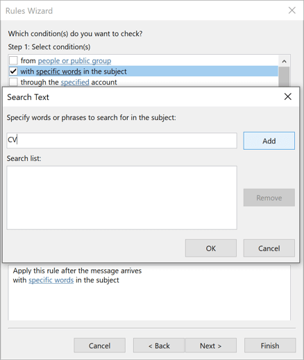 Search Text Rules Wizard Step 1 in Outlook for Microsoft 365 Search Text Rules Wizard Step 1 in Outlook 365
