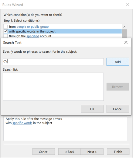 Search Text Rules Wizard Step 1 in Outlook 365