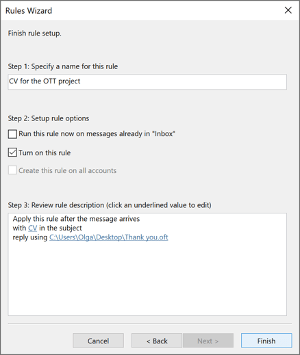 Rules Wizard finish Step in Outlook for Microsoft 365 Rules Wizard finish Step in Outlook 365