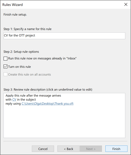 Rules Wizard finish Step in Outlook 365