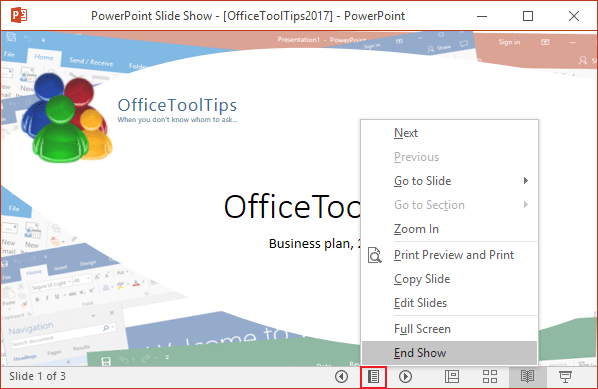 Navigation menu in Reading view PowerPoint 2016 Navigation menu in Reading view PowerPoint 2016