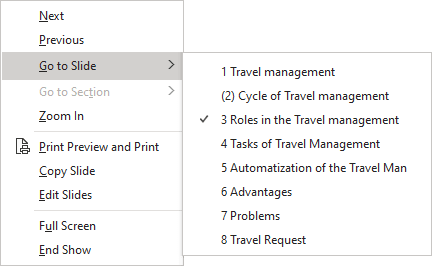 Go to Slide in popup menu PowerPoint 365