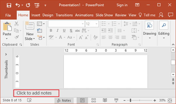 Notes pane in PowerPoint 2016