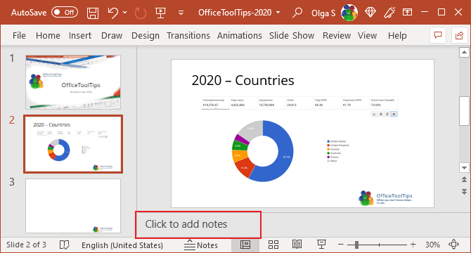Notes pane in PowerPoint 365