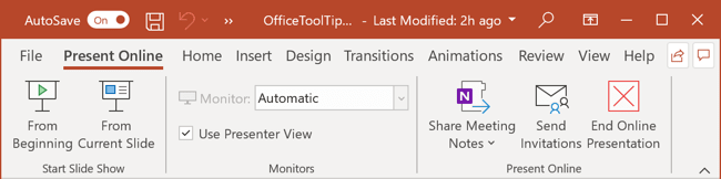 Online Presentation tab in PowerPoint 365