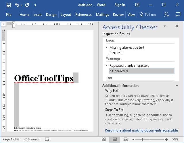 Accessibility Checker results in Office 2016