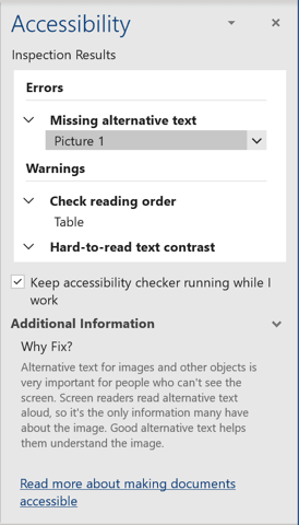 Accessibility Checker pane in Office for Microsoft 365 Accessibility Checker pane in Office 365