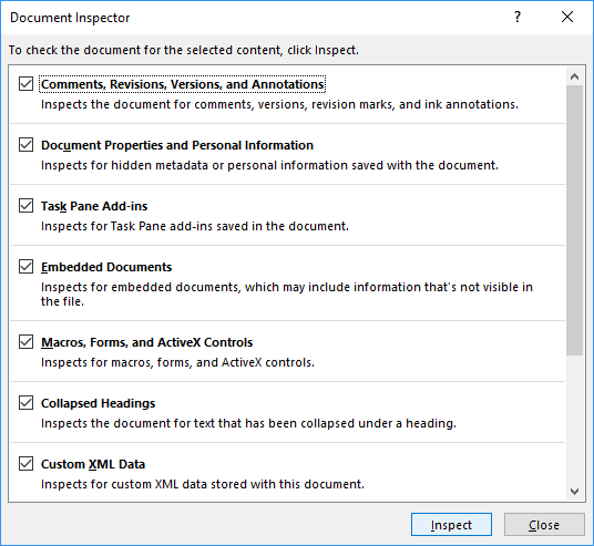 Document Inspector in Office 2016 Document Inspector in Office 2016