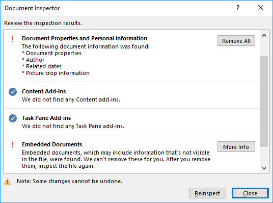 Document Inspector More Info in Office 2016 Document Inspector More Info in Office 2016