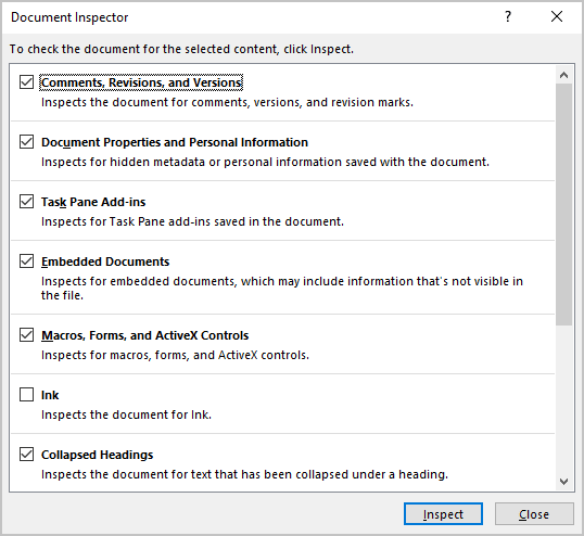 Document Inspector in Office for Microsoft 365 Document Inspector in Office 365