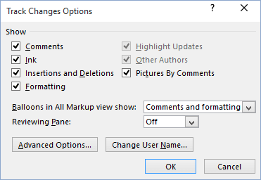 Track Changes advansed options in Word 2016 Track Changes advansed options in Word 2016
