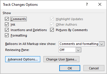 Track Changes advansed options in Word for Microsoft 365 Track Changes advansed options in Word 365