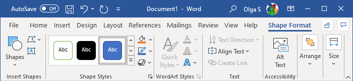 Shape Format tab in Word 365