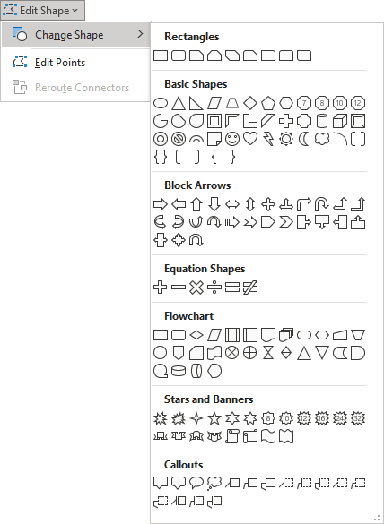 Change Shape menu in Word 365