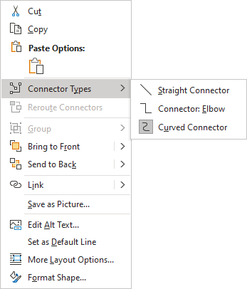 Connector types popup in Word 365