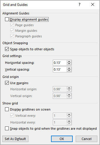 Grid and Guides dialog box in Word for Microsoft 365 Grid and Guides dialog box in Word 365