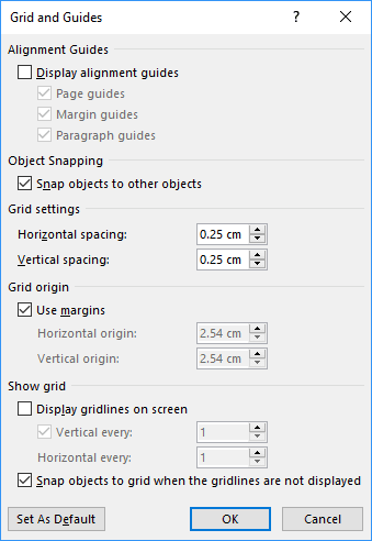 Grid and Guides dialog box in Word 2016