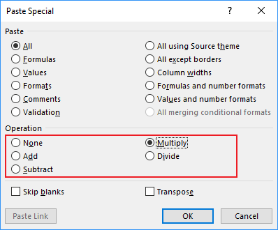 Paste Special dialog box in Excel 2016