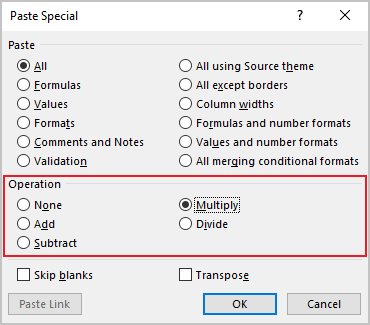 Paste Special dialog box in Excel for Microsoft 365 Paste Special dialog box in Excel 365