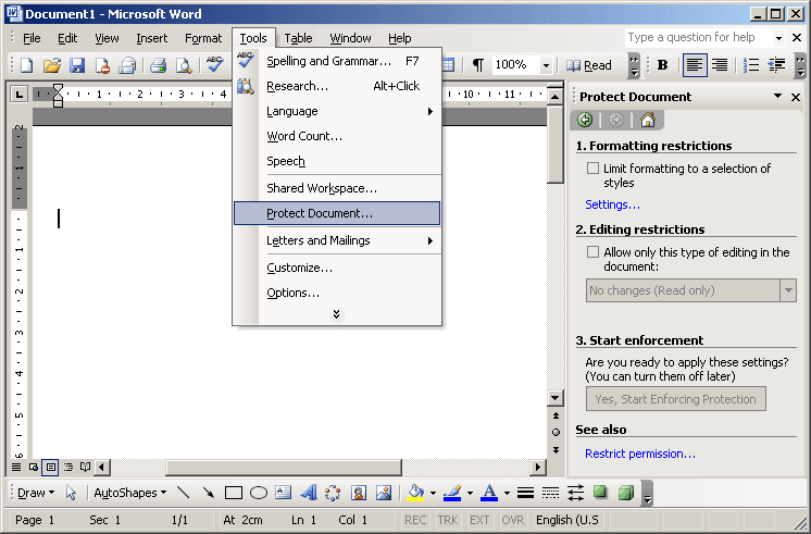 Protect Document in Word 2003