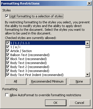 Formatting Restrictions in Word 2003