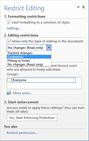 Formatting Restrictions in Word 2013