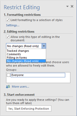 Formatting Restrictions in Word 2016