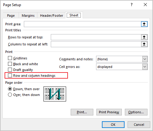 Page Setup Row and column headings in Excel 365